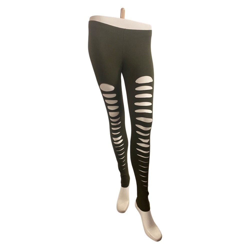 TOUGH Luv green shredded front leggings NWTS